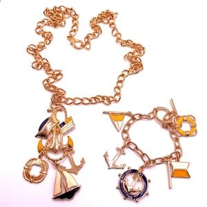 Vintage NAUTICAL Themed Charm Necklace 29” & Bracelet 6 3/4” Gold Tone